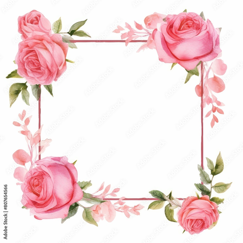pink rose themed frame or border for photos and text. watercolor illustration, Perfect for nursery art, simple clipart, single object, white color background. Watercolor flowers for design card.