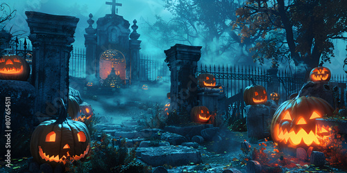Halloween background with pumpkins bats and haunted house 
