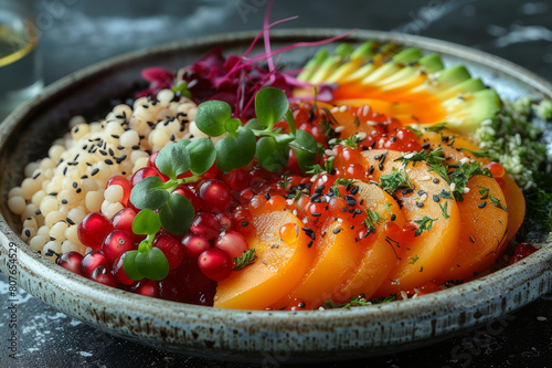 Contemporary vegan plate, focusing on a minimal yet bold arrangement of vegetables and grains. AI generated. photo