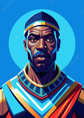 a dignified Angolan man with a commanding presence and eyes that reflect the resilience and determination of his people. His strong, angular features speak of generations of strength