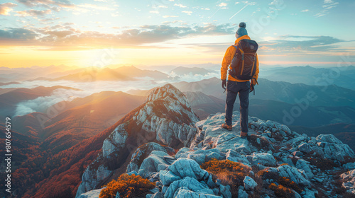 A man is standing on a mountain top with a backpack on