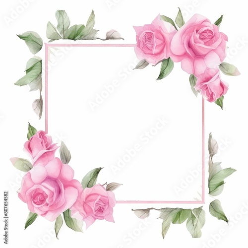 pink rose themed frame or border for photos and text. watercolor illustration, Perfect for nursery art, simple clipart, single object, white color background. Watercolor flowers for design card.