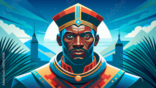 a dignified Angolan man with a commanding presence and eyes that reflect the resilience and determination of his people. His strong, angular features speak of generations of strength