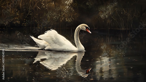 A graceful swan gliding across a tranquil lake  its reflection shimmering in the water.