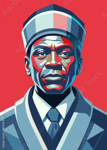 a dignified Angolan man with a commanding presence and eyes that reflect the resilience and determination of his people. His strong, angular features speak of generations of strength