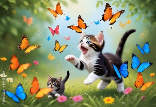 Oil painting playful scene of kittens chasing colo (3)