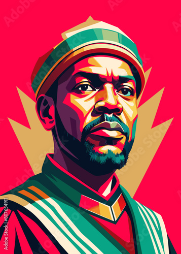 a dignified Angolan man with a commanding presence and eyes that reflect the resilience and determination of his people. His strong, angular features speak of generations of strength