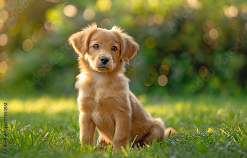 A sweet small puppy is pictured in this summer garden relaxing on the grass.