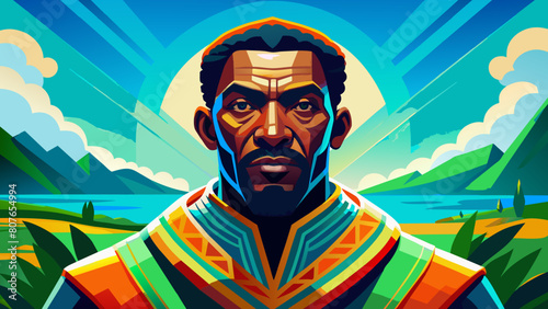a dignified Angolan man with a commanding presence and eyes that reflect the resilience and determination of his people. His strong, angular features speak of generations of strength