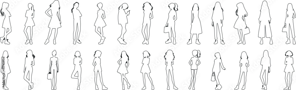girls Line art, vector illustration of women in various poses. Perfect female outline for fashion design, animation. Elegant simplicity, black outlines on white background girls Line art, vector illustration of women in various poses. Perfect female outline for fashion design, animation. Elegant simplicity, black outlines on white background