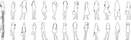 girls Line art, vector illustration of women in various poses. Perfect female outline for fashion design, animation. Elegant simplicity, black outlines on white background