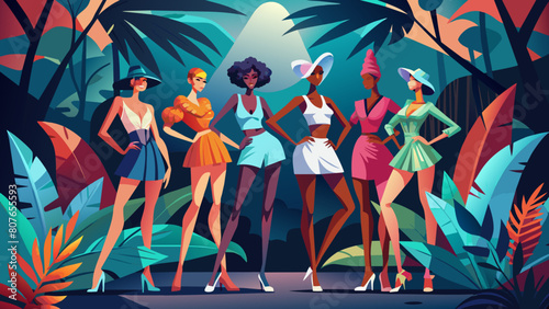 Group photo, Five full-length skinny female models posing. The whole figure is in the frame. Victoria's secret style. The image is a stylized, cartoon-like illustration of a fashion show with several