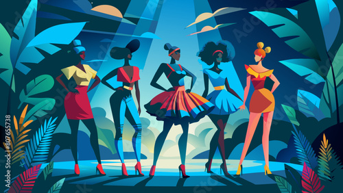 Group photo, Five full-length skinny female models posing. The whole figure is in the frame. Victoria's secret style. The image is a stylized, cartoon-like illustration of a fashion show with several