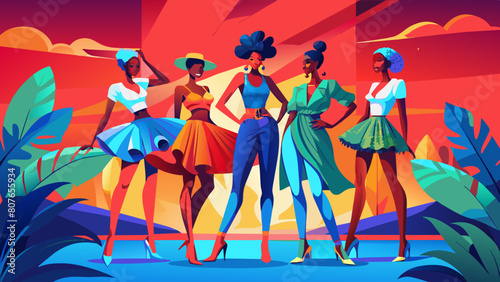 Group photo, Five full-length skinny female models posing. The whole figure is in the frame. Victoria's secret style. The image is a stylized, cartoon-like illustration of a fashion show with several