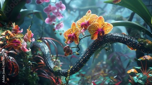 Craft an ethereal scene merging an orchid and a serpent with mesmerizing heliography effects, creating a surreal and enchanting visual experience with a cosmic touch