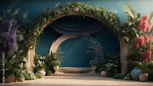 background for product displays with a podium in the middle, and plant ornaments, elegant, luxurious, product display podium, made with AI generative