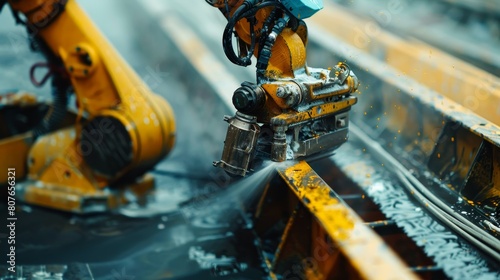 Vivid close-up of a worker robot applying spray paint to a roof, showcasing advanced robotic repair and service techniques