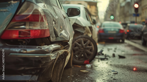 Aftermath of a car accident on a city street  featuring two damaged vehicles with debris scattered around under overcast lighting.