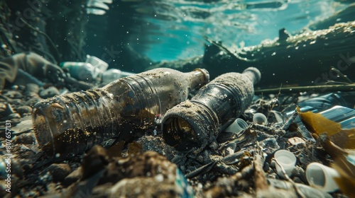 Underwater scene of weathered plastic residues, showing scattered plastic bottles and fragments polluting the sea floor