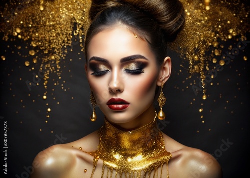A creative banner for a beauty salon in black and gold tones. A professional makeup artist  stylist and hairdresser. Fashionable holiday makeup. A beautiful woman with evening makeup. 