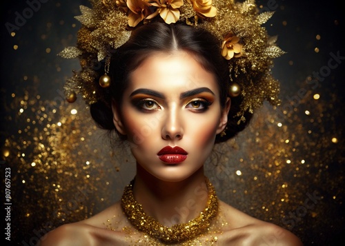 A creative banner for a beauty salon in black and gold tones. A professional makeup artist, stylist and hairdresser. A beautiful woman with evening makeup and a golden wreath of flowers on her head. 