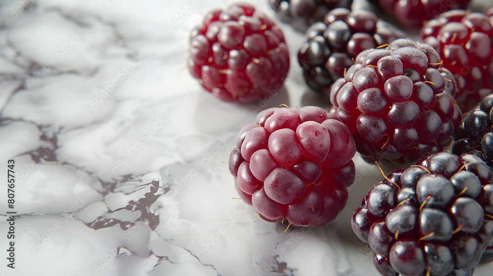 Marionberries rest on the white marble countertop.
Marionberries rest on the white marble countertop.