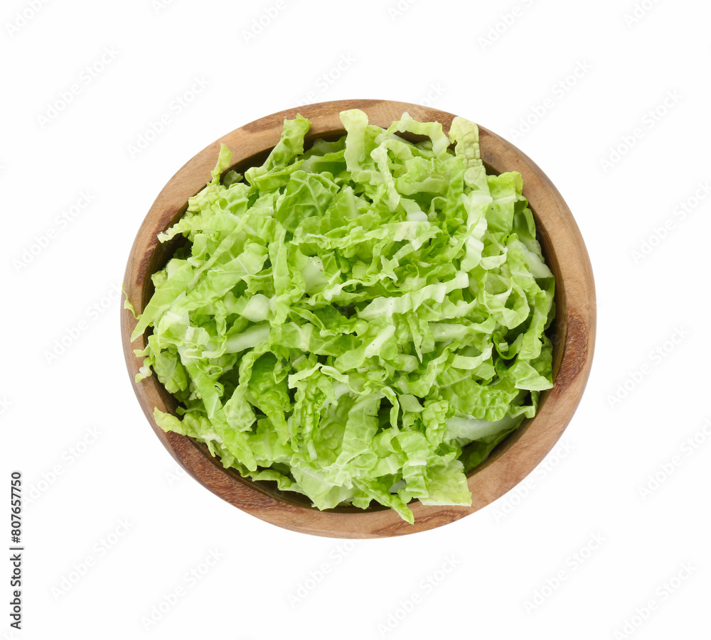 Shredded fresh Chinese cabbage in bowl isolated on white, top view Shredded fresh Chinese cabbage in bowl isolated on white, top view