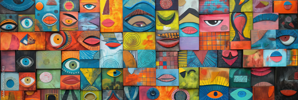 Variety of colorful, abstract faces, each with unique expressions and designs, reflecting diverse artistic creativity and expression.