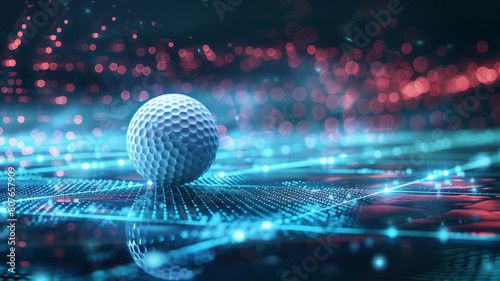 The golf ball is sitting on a tee surrounded by a blue and red glowing grid. photo