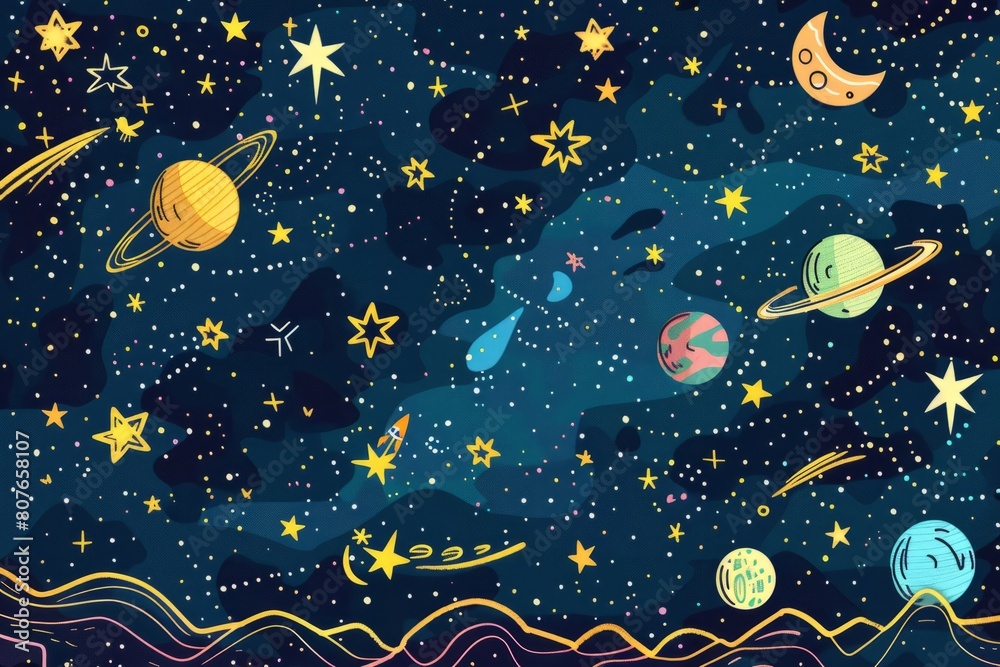 Cartoon cute doodles of a starry night sky twinkling with constellations, with adorable planets and shooting stars zipping across the cosmos.Generative AI