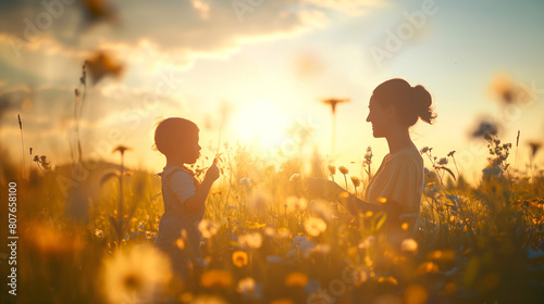 A mother and child enjoying a playful moment in a field of wildflowers, with the sun casting long shadows and vibrant colors painting the scene. Dynamic and dramatic composition, w