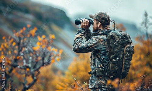 A man in full camouflage stands looking through binoculars while bowhunting in the backcountry photo