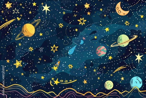 Cartoon cute doodles of a starry night sky twinkling with constellations, with adorable planets and shooting stars zipping across the cosmos.Generative AI