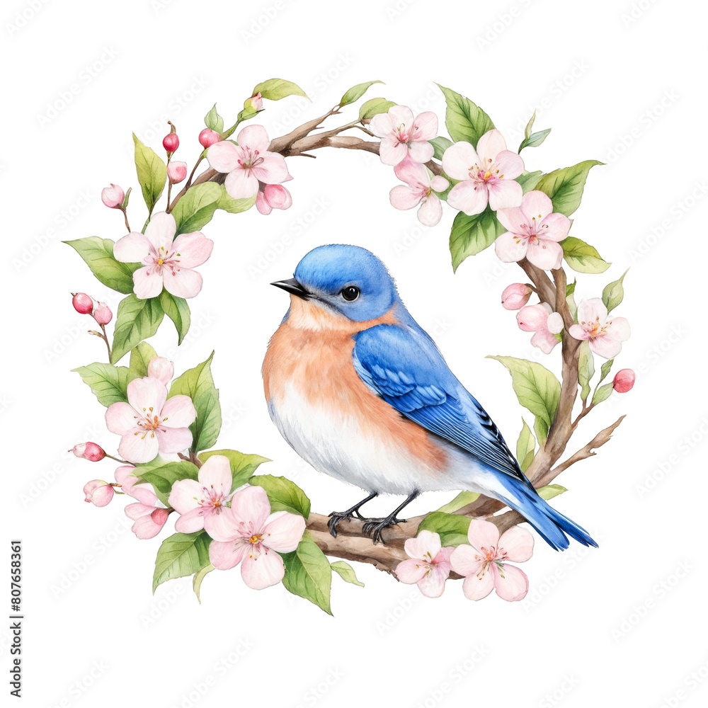 Baby bluebird perched within a wreath of cherry blossoms and apple blossoms watercolor illustration clipart floral botanical