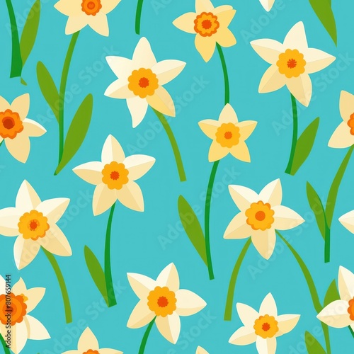 Seamless pattern of cheerful daffodils dancing in a field of green grass  Generative AI