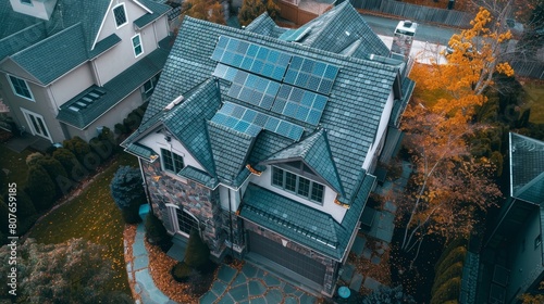 Robotic installation of solar panels on a suburban home s roof  captured in crisp detail  showcasing eco-friendly technology