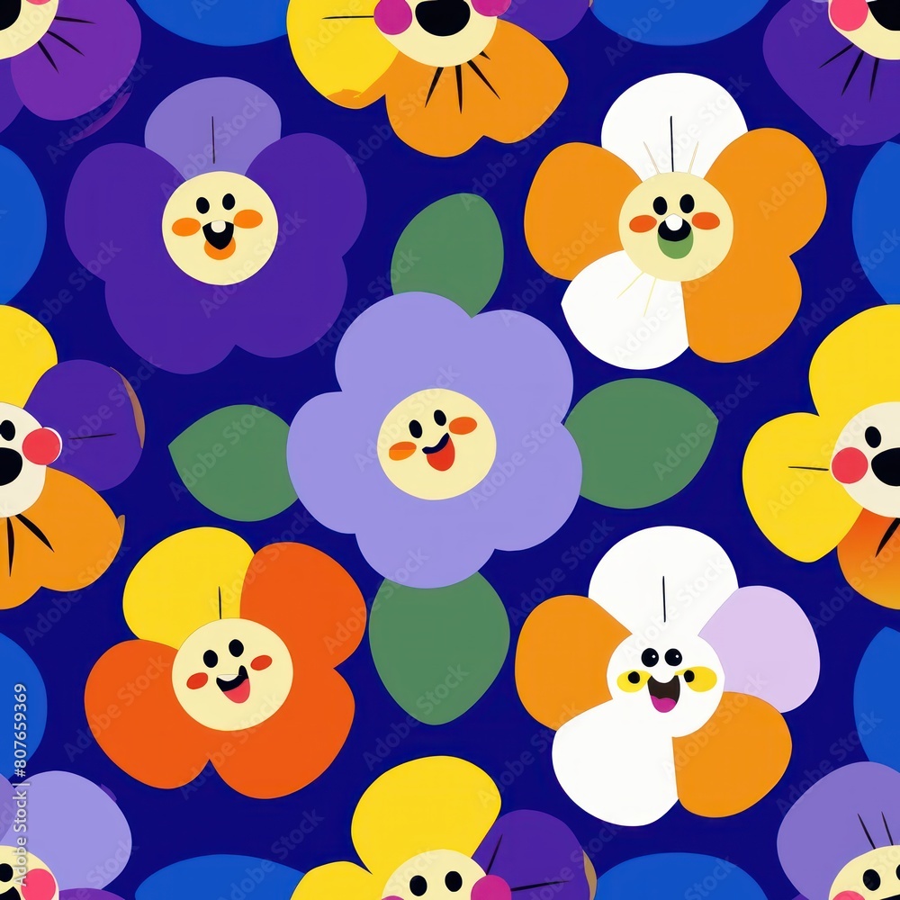 Fototapeta premium Seamless pattern of cheerful pansies in a rainbow of colors, with distinctive faces on their petals, Generative AI