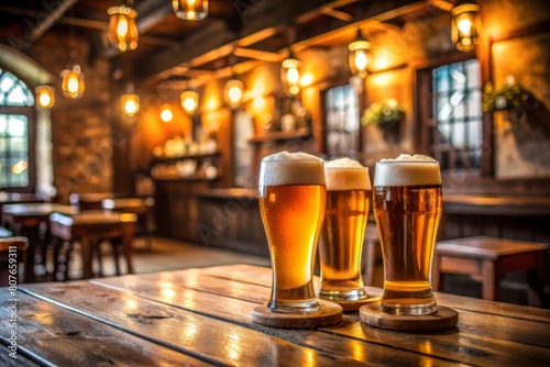  Glasses of beer on the wooden table. Blurred pub interior at the background