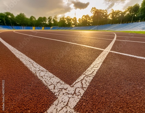 The standard lines and marks on a sports stadium running track are displayed, offering a clear view of the markings used for athletic competitions