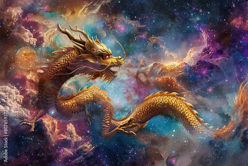 Golden Fire Dragon Spiraling Through a Cosmic Storm of Nebulas and Star Dust 