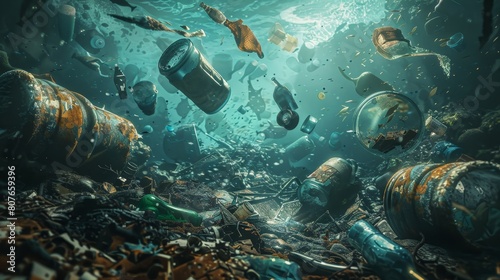Realistic depiction of undersea environment polluted with old, weathered plastic parts and bottles, emphasizing the need for environmental action