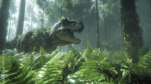 A large T-Rex is walking through a lush green forest