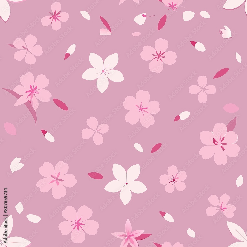 Seamless pattern of delicate cherry blossoms drifting on the breeze in shades of pink and white, Generative AI