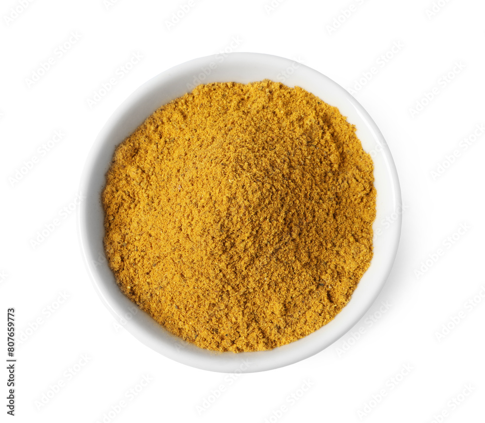 Dry curry powder in bowl isolated on white, top view Dry curry powder in bowl isolated on white, top view