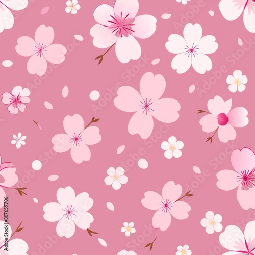 Seamless pattern of delicate cherry blossoms drifting on the breeze in shades of pink and white, Generative AI