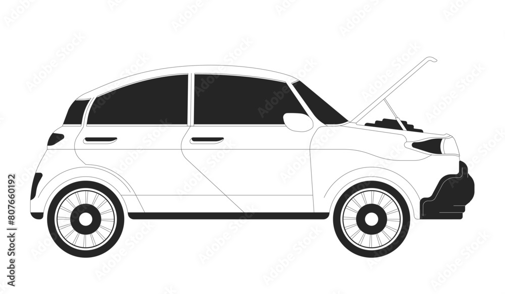 Car with open hood black and white 2D line cartoon object. Auto engine diagnostic. Vehicle service shop isolated vector outline item. Broken transport checking monochromatic flat spot illustration