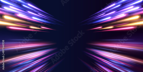 Sport car is made of polygons, lines and connected dots. Light trail wave, fire path trace line, car lights, optic fiber and incandescence curve twirl. High speed road in night time abstraction. 