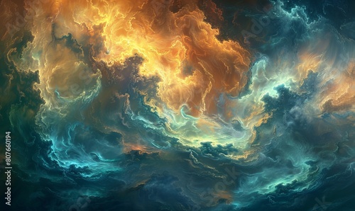 Heavenly background featuring colorful clouds and ethereal shapes and texture. The stormy sky with heaven like quality