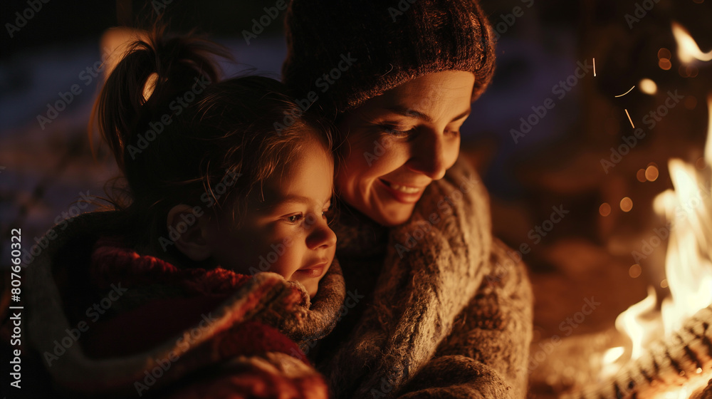 A mother and child enjoying a peaceful moment of connection by the fireside, their faces illuminated by the warm glow of the flames, with copy space for a heartfelt message or refl