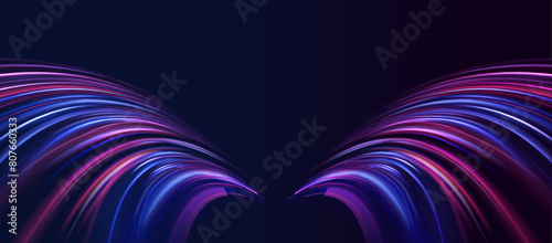 Sport car is made of polygons, lines and connected dots. Light trail wave, fire path trace line, car lights, optic fiber and incandescence curve twirl. High speed road in night time abstraction.  photo